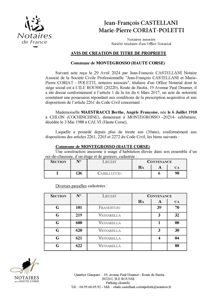 Avis de création de titre de propriété - Commune de Montegrossu (Cismonte)