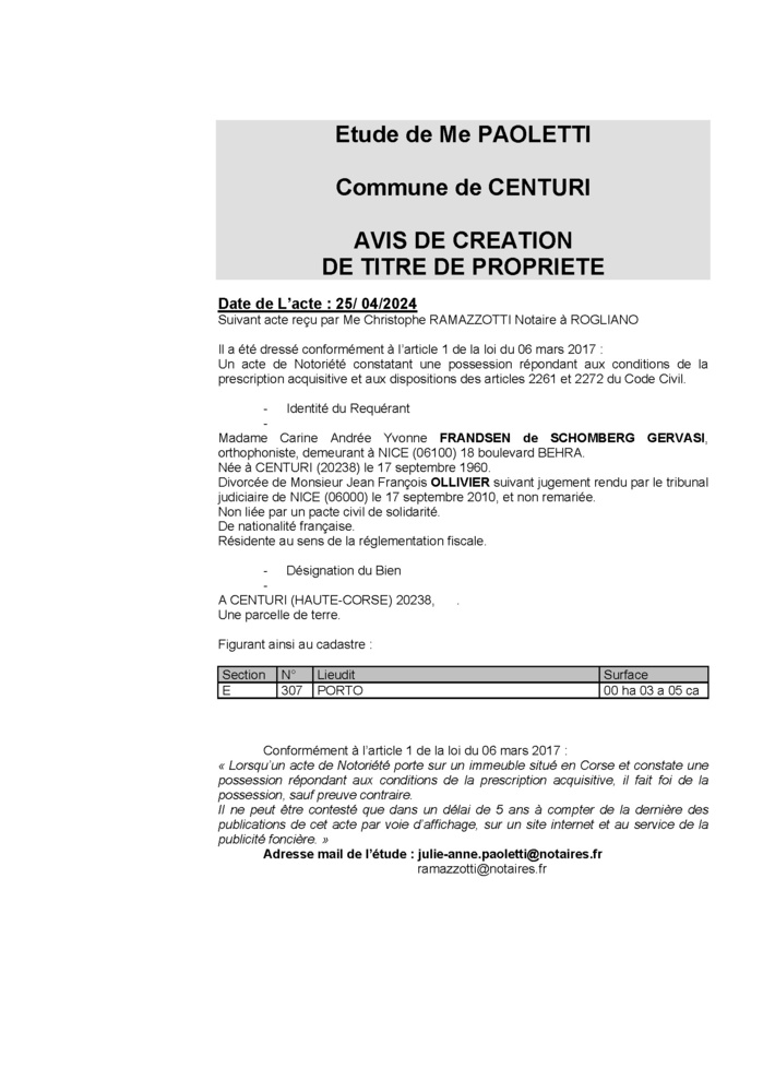 Avis de création de titre de propriété - Commune de Centuri (Cismonte)