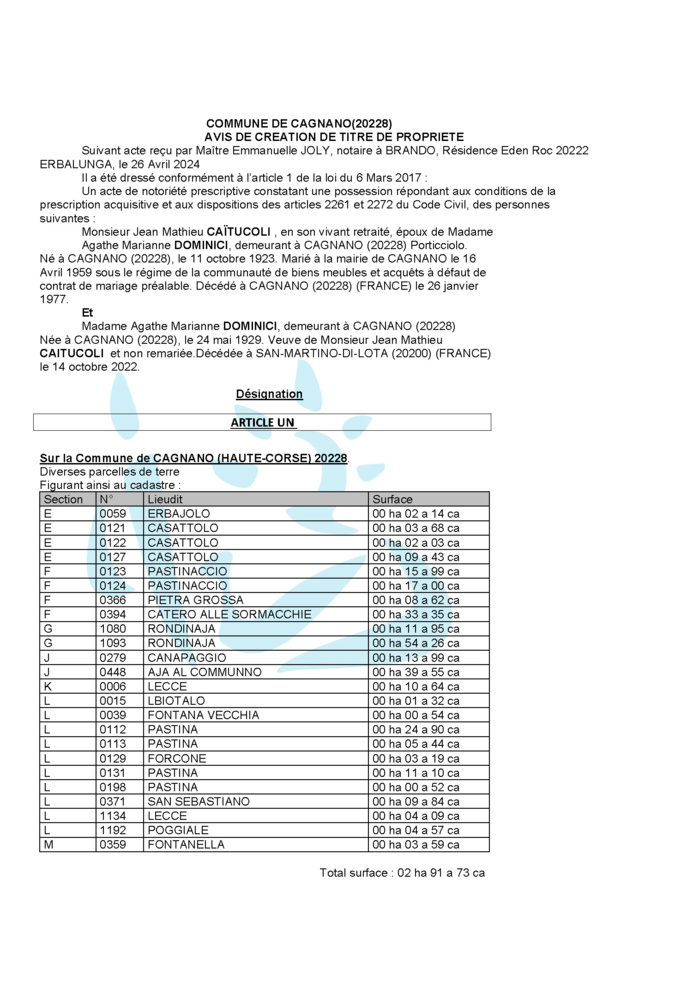 Avis de création de titre de propriété - Commune de Cagnanu (Cismonte)