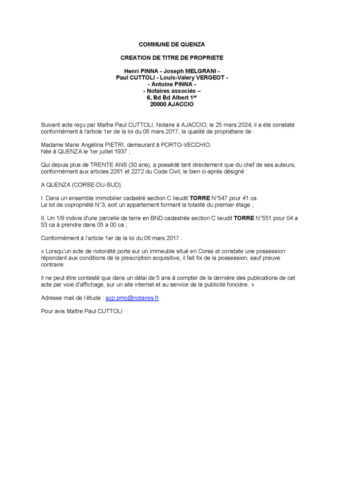 Avis de création de titre de propriété - Commune de Quenza (Pumonti) Avis de création de titre de propriété - Commune de Quenza (Pumonti)