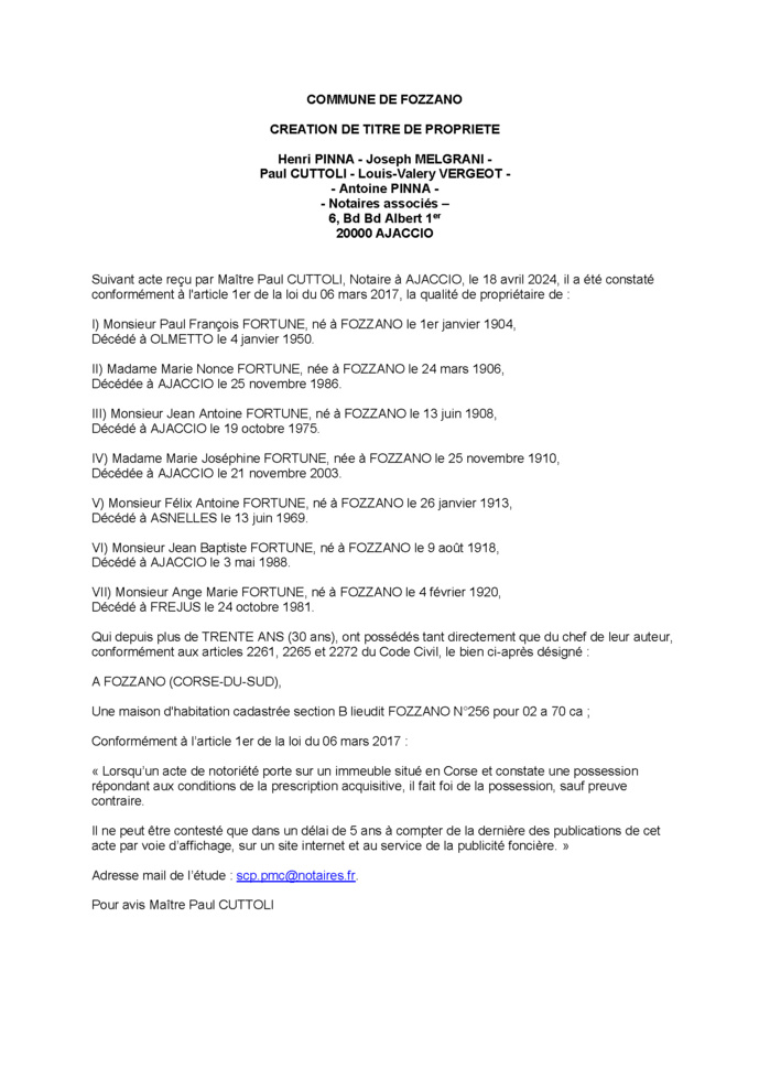 Avis de création de titre de propriété - Commune de Fozzà (Pumonti) Avis de création de titre de propriété - Commune de Fozzà (Pumonti)