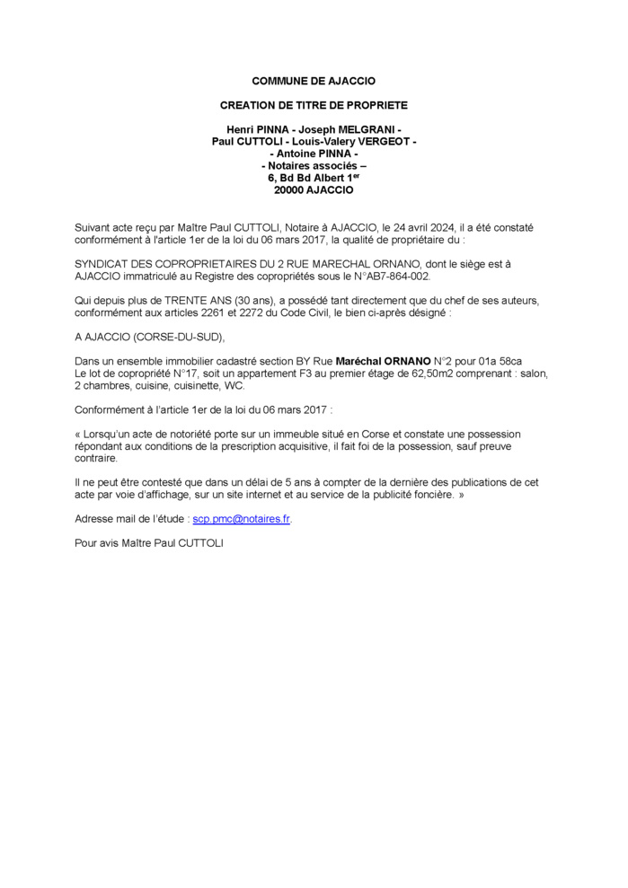 Avis de création de titre de propriété - Commune d'Aiacciu (Pumonti) Avis de création de titre de propriété - Commune d'Aiacciu (Pumonti)