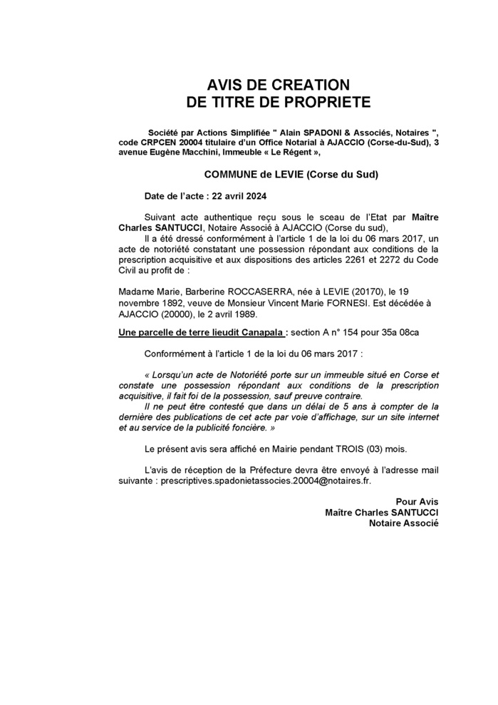 Avis de création de titre de propriété - Commune de Livia (Pumonti) Avis de création de titre de propriété - Commune de Livia (Pumonti)