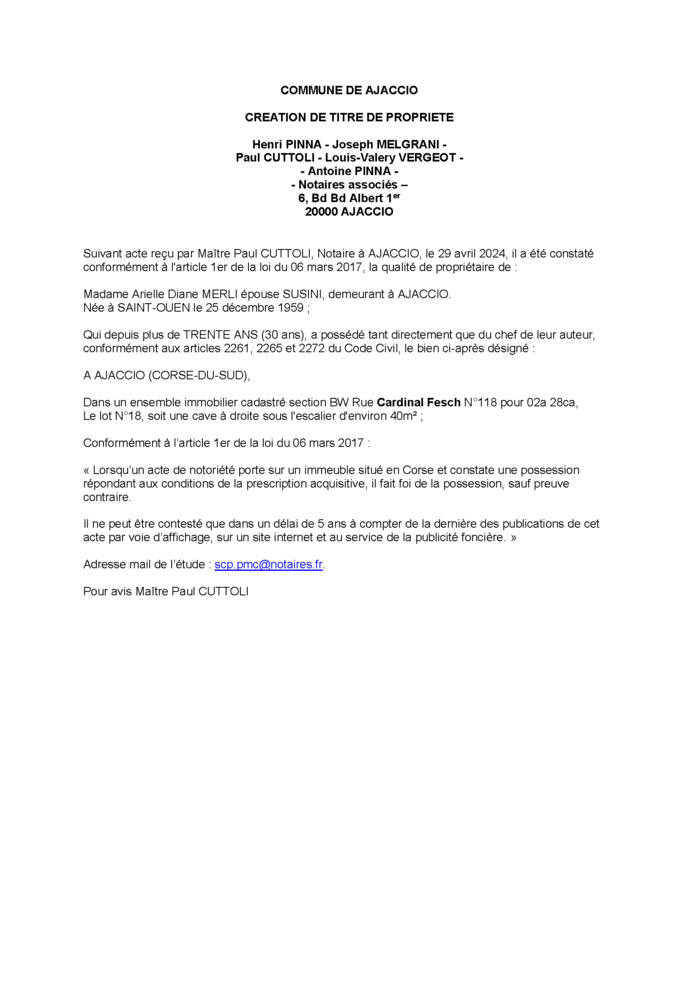 Avis de création de titre de propriété - Commune d'Aiacciu (Pumonti)