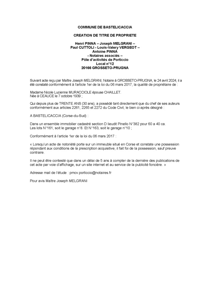 Avis de création de titre de propriété - Commune d'A Bastilicaccia (Pumonti)