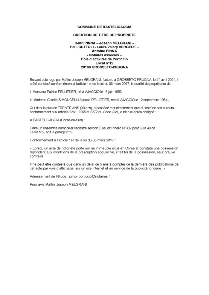 Avis de création de titre de propriété - Commune d'A Bastilicaccia (Pumonti)