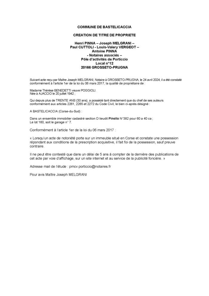 Avis de création de titre de propriété - Commune d'A Bastilicaccia (Pumonti)