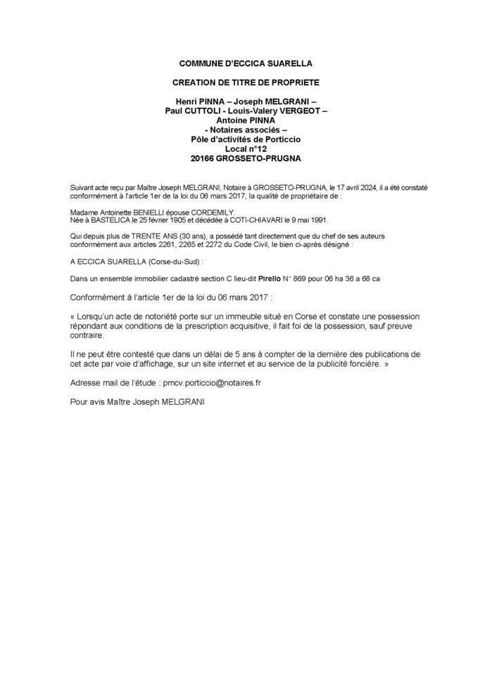 Avis de création de titre de propriété - Commune d'Eccica è Suaredda (Pumonti)