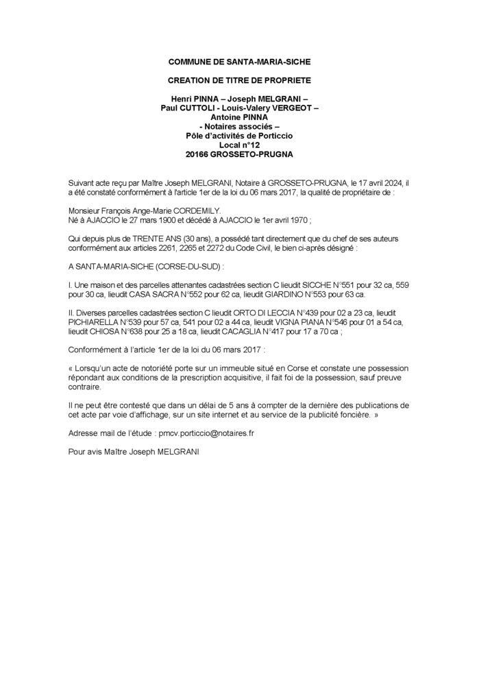 Avis de création de titre de propriété - Commune d'Eccica è Suaredda (Pumonti)