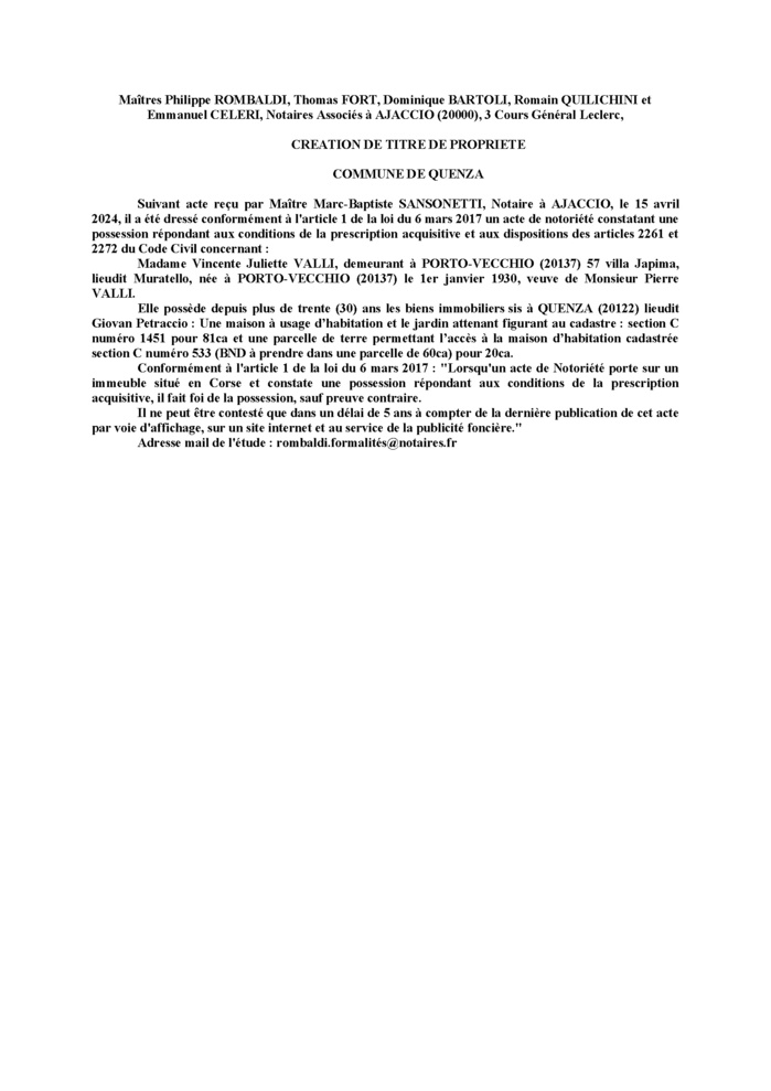 Avis de création de titre de propriété - Commune de Quenza (Pumonti)