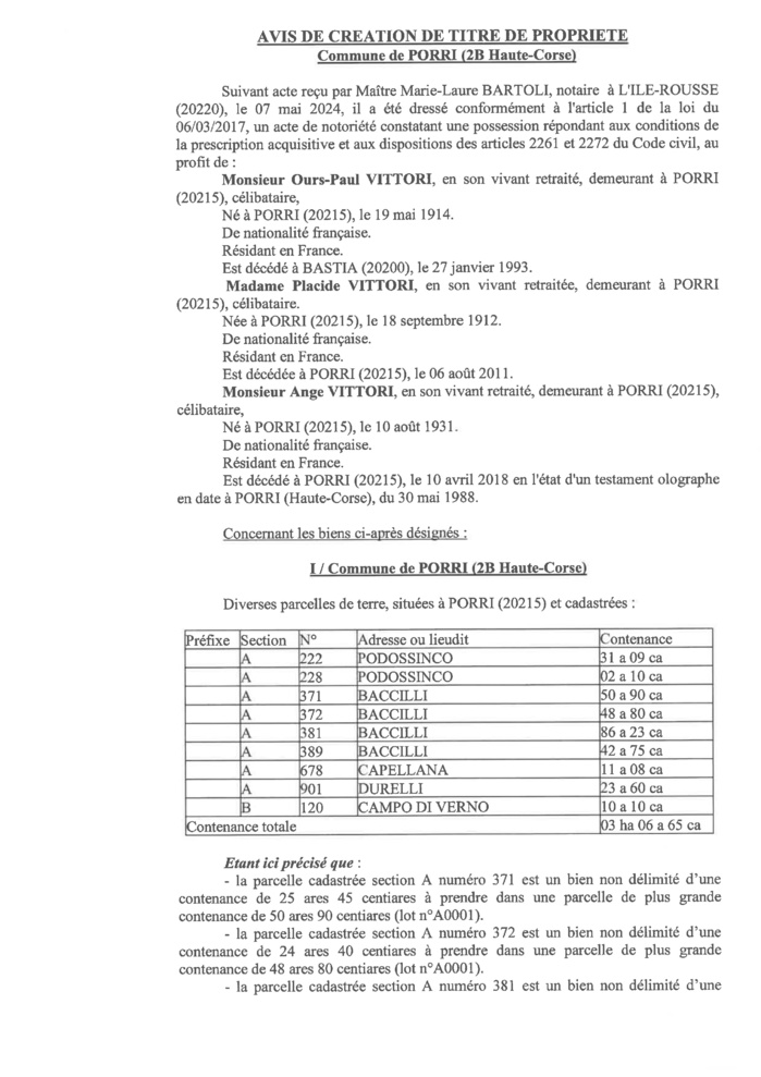 Avis de création de titre de propriété - Commune de Porri (Cismonte)