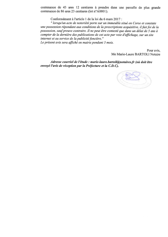 Avis de création de titre de propriété - Commune de Porri (Cismonte)