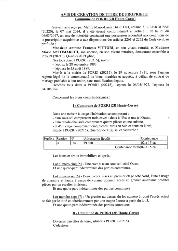 Avis de création de titre de propriété - Commune de Porri (Cismonte)