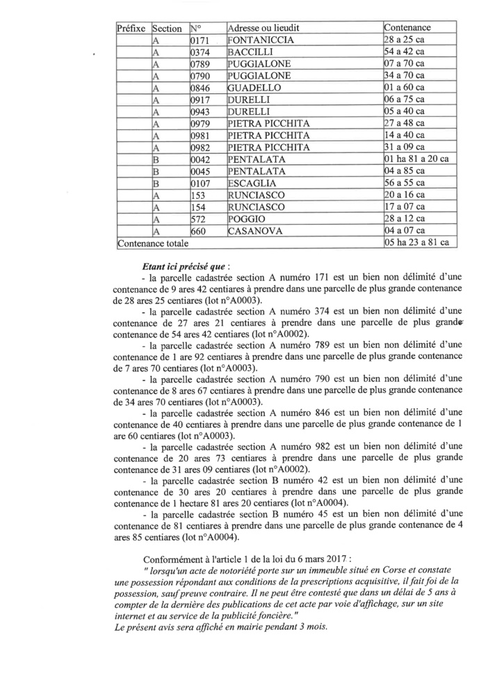Avis de création de titre de propriété - Commune de Porri (Cismonte)