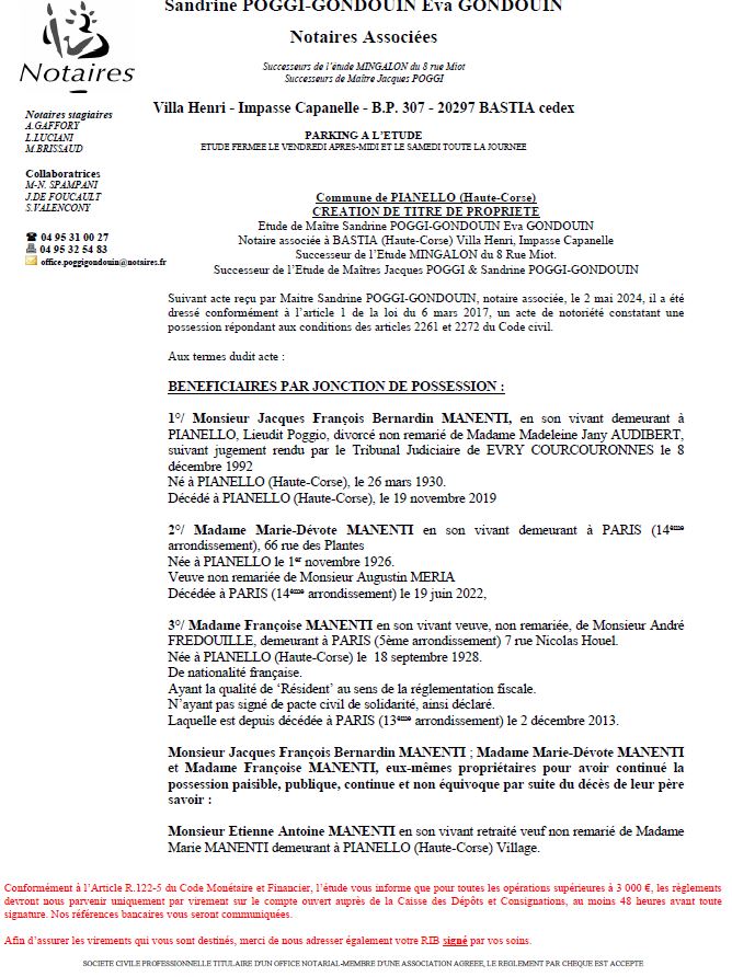 Avis de création de titre de propriété - Commune de U Pianellu (Cismonte)
