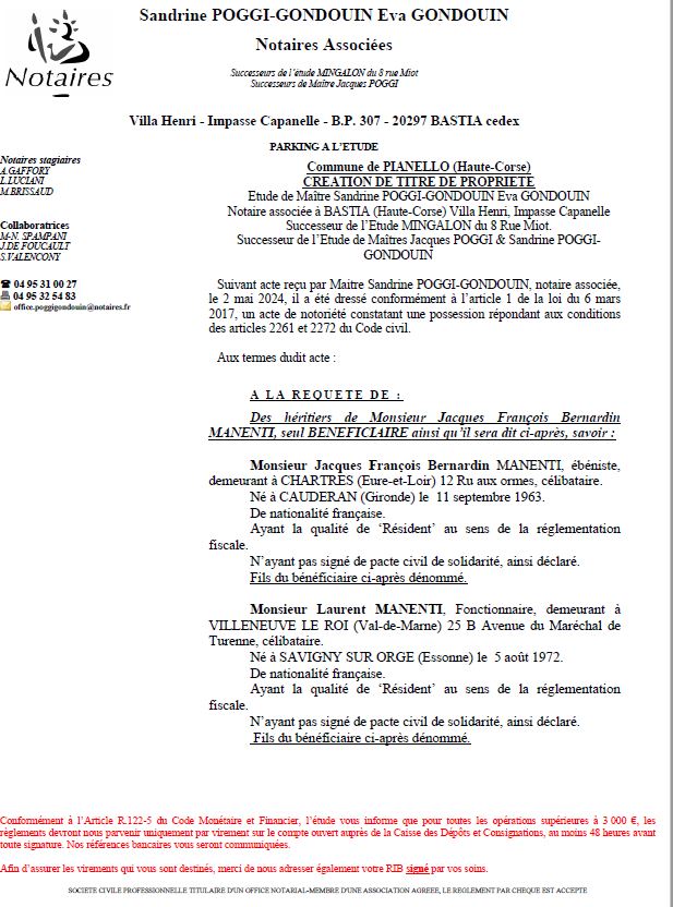 Avis de création de titre de propriété - Commune de U Pianellu (Cismonte)