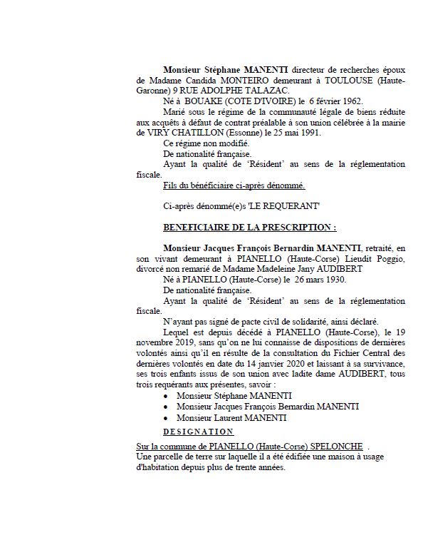 Avis de création de titre de propriété - Commune de U Pianellu (Cismonte)