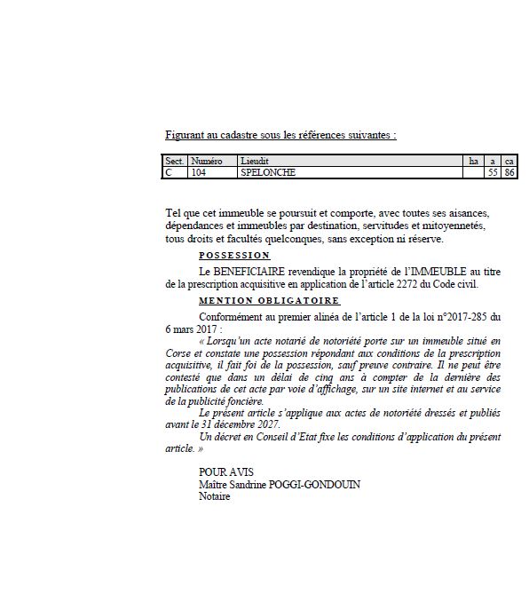 Avis de création de titre de propriété - Commune de U Pianellu (Cismonte)