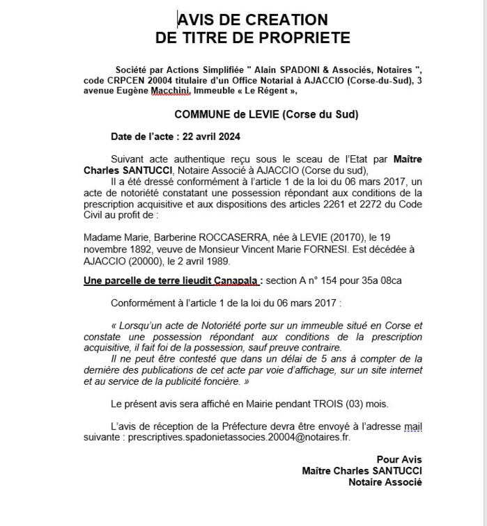 Avis de création de titre de propriété - Commune de Livia (Pumonti)