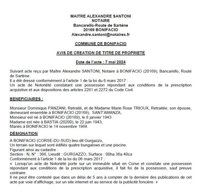 Avis de création de titre de propriété - Commune de Bonifaziu (Pumonti)