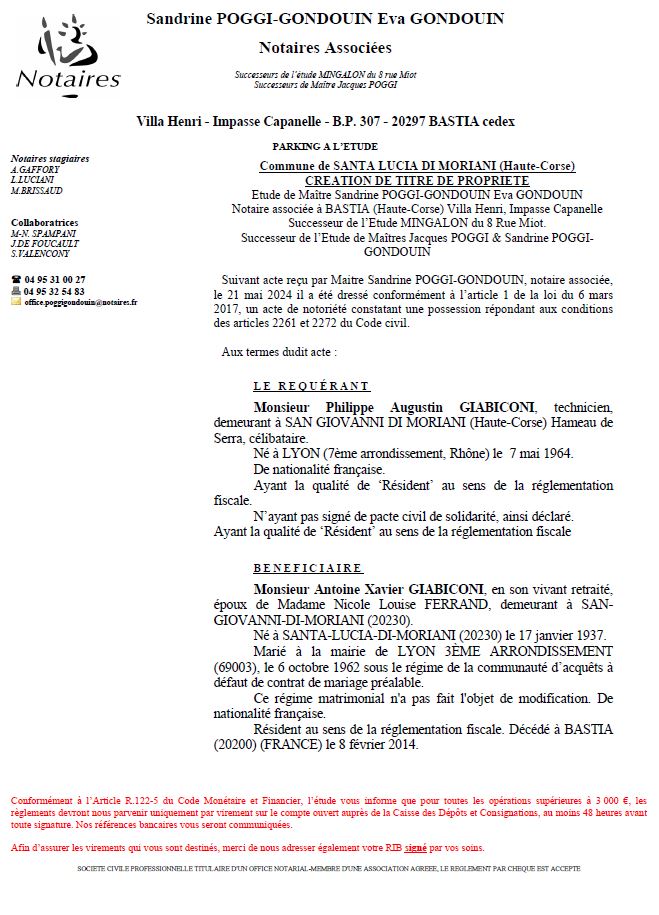 Avis de création de titre de propriété - Commune de Santa Lucia di Muriani (Cismonte)