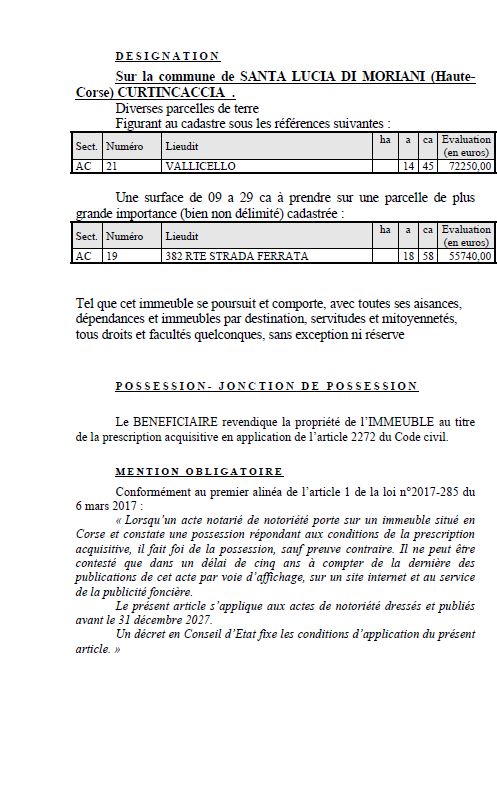 Avis de création de titre de propriété - Commune de Santa Lucia di Muriani (Cismonte)