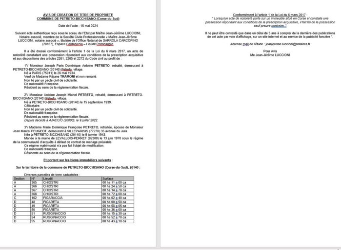 Avis de création de titre de propriété - Commune de Pitretu è Bicchisgià (Pumonti)