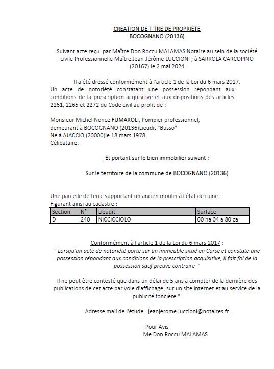 Avis de création de titre de propriété - Commune de Bucugnà (Pumonti) Avis de création de titre de propriété - Commune de Bucugnà (Pumonti)