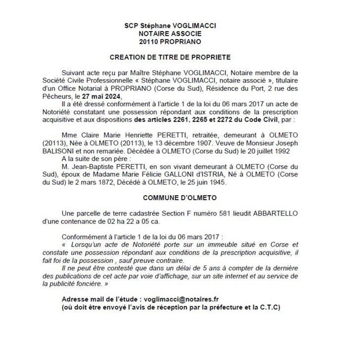 Avis de création de titre de propriété - Commune d'Ulmetu (Cismonte)