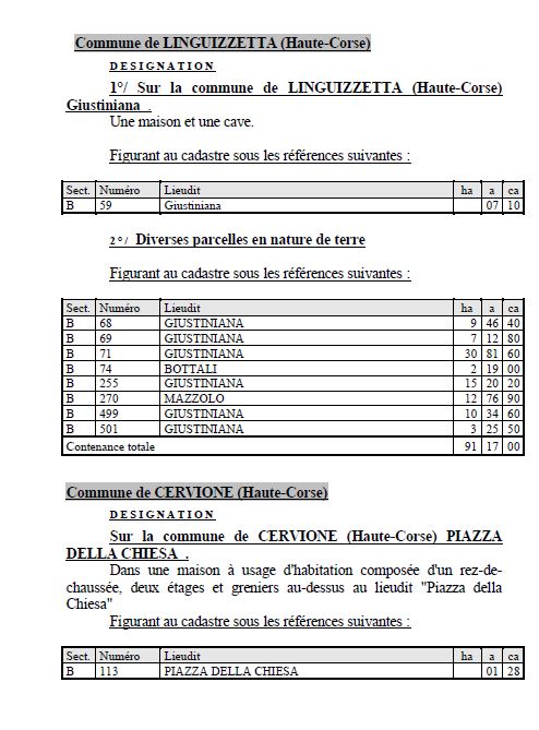 Avis de création de titre de propriété - Commune de Linguizzetta (Cismonte)