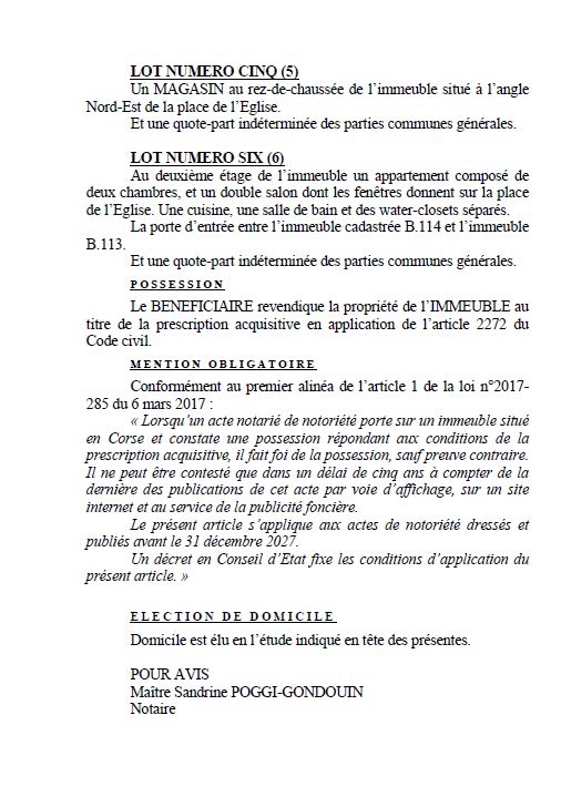 Avis de création de titre de propriété - Commune de Linguizzetta (Cismonte)