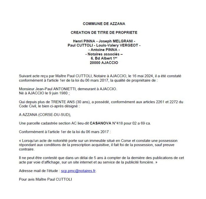 Avis de création de titre de propriété - Commune de Azzana (Pumonti) Avis de création de titre de propriété - Commune de Azzana (Pumonti)