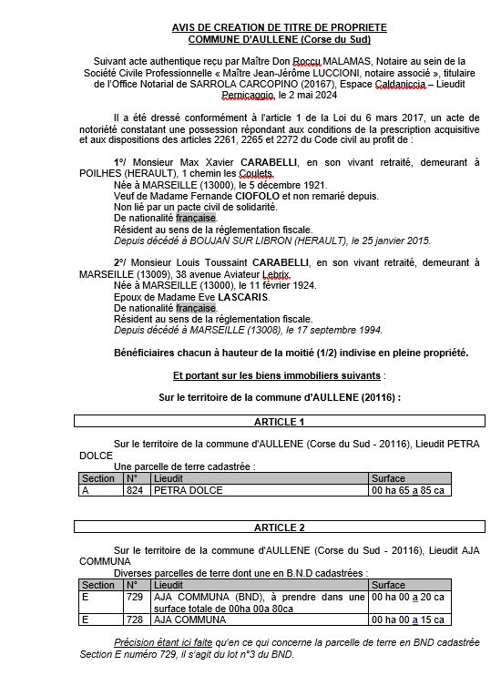 Avis de création de titre de propriété - Commune de Auddè (Pumonti)
