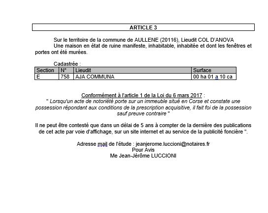 Avis de création de titre de propriété - Commune de Auddè (Pumonti)