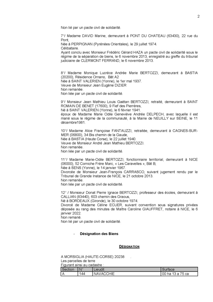 Avis de création de titre de propriété - Commune de Mursiglia (Cismonte)