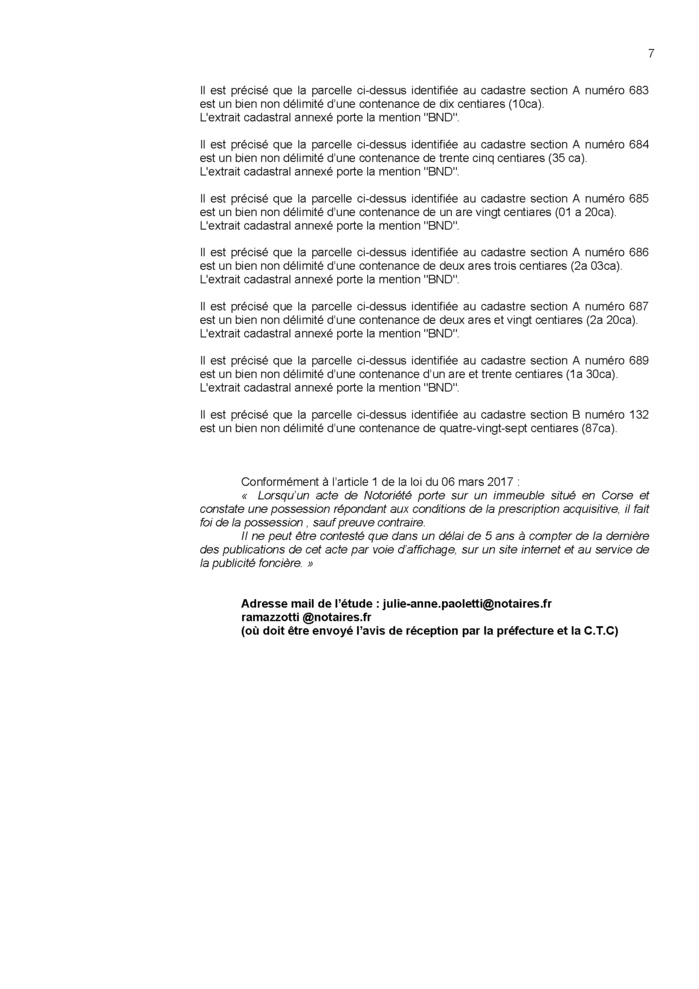 Avis de création de titre de propriété - Commune de Mursiglia (Cismonte)