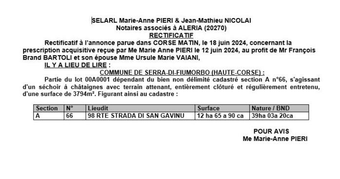 Avis de création de titre de propriété - Commune de Serra di Fiumorbu (Cismonte) Avis de création de titre de propriété - Commune de Serra di Fiumorbu (Cismonte)