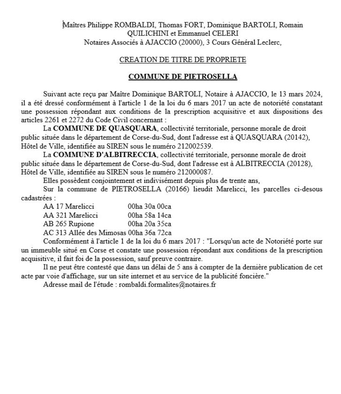 Avis de création de titre de propriété - Commune de Pitrusedda (Pumonti)