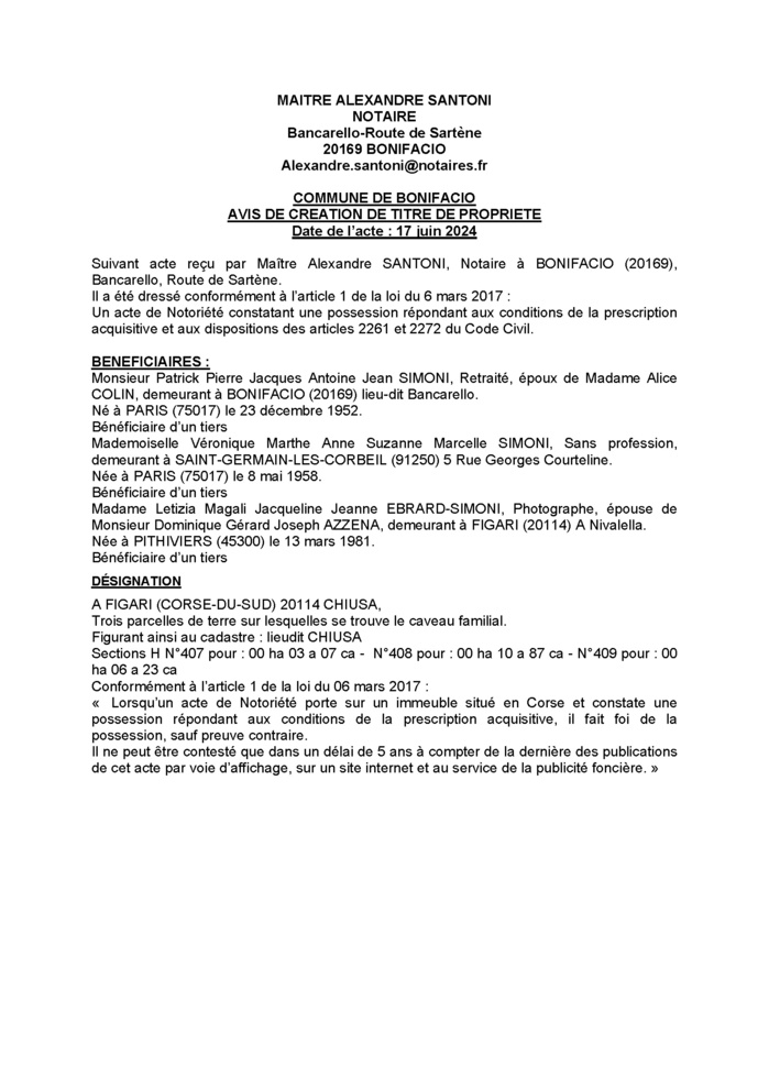 Avis de création de titre de propriété - Commune de Bonifaziu (Pumonti) Avis de création de titre de propriété - Commune de Bonifaziu (Pumonti)