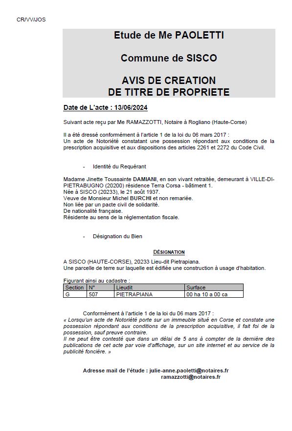 Avis de création de titre de propriété - Commune de Siscu (Cismonte) Avis de création de titre de propriété - Commune de Siscu (Cismonte)