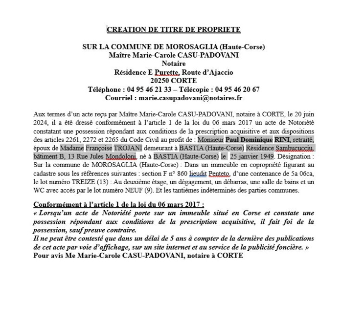 Avis de création de titre de propriété - Commune de Merusaglia (Cismonte) Avis de création de titre de propriété - Commune de Merusaglia (Cismonte)