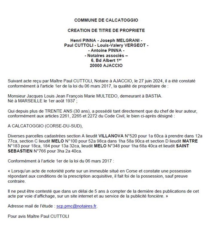 Avis de création de titre de propriété - Commune de Calcatoghju (Pumonti)