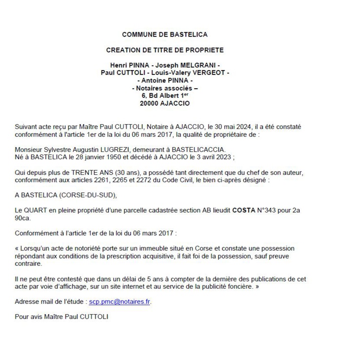 Avis de création de titre de propriété - Commune de Bastelica (Pumonti) Avis de création de titre de propriété - Commune de Bastelica (Pumonti)