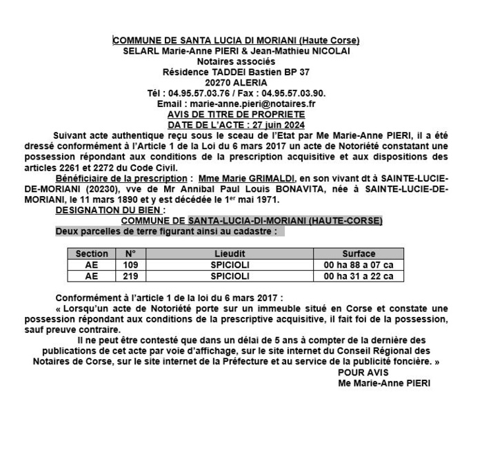 Avis de création de titre de propriété - Commune de Santa Lucia di Muriani (Cismonte)