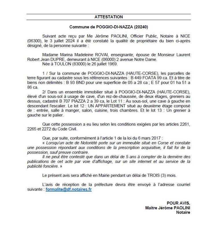Avis de création de titre de propriété - Commune de U Poghju di Nazza (Cismonte) Avis de création de titre de propriété - Commune de U Poghju di Nazza (Cismonte)