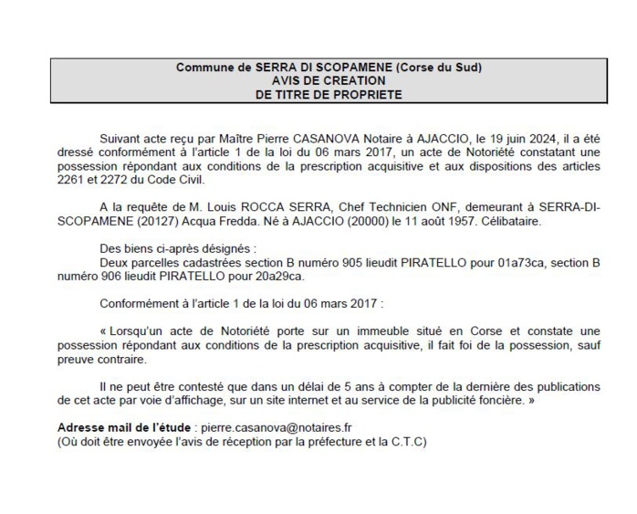 Avis de création de titre de propriété - Commune de A Sarra di Scupamena (Pumonti) Avis de création de titre de propriété - Commune de A Sarra di Scupamena (Pumonti)