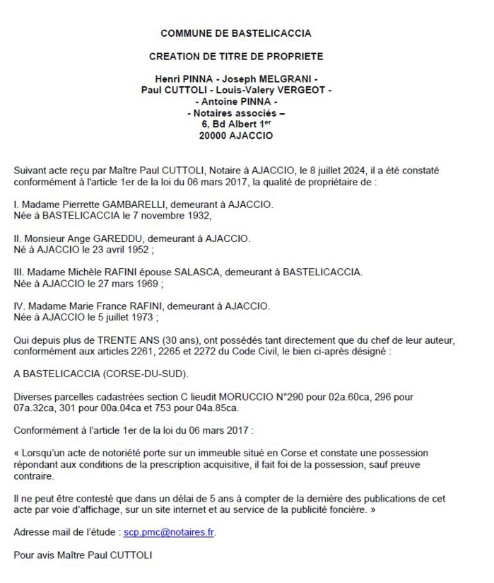 Avis de création de titre de propriété - Commune de Bastelicaccia (Pumonti) Avis de création de titre de propriété - Commune de Bastelicaccia (Pumonti)