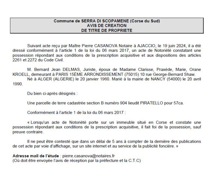 Avis de création de titre de propriété - Commune de A Sarra di Scupamena (Pumonti) Avis de création de titre de propriété - Commune de A Sarra di Scupamena (Pumonti)