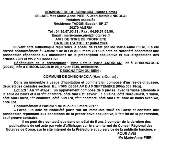 Avis de création de titre de propriété - Commune de A Ghisunaccia (Cismonte) Avis de création de titre de propriété - Commune de A Ghisunaccia (Cismonte)