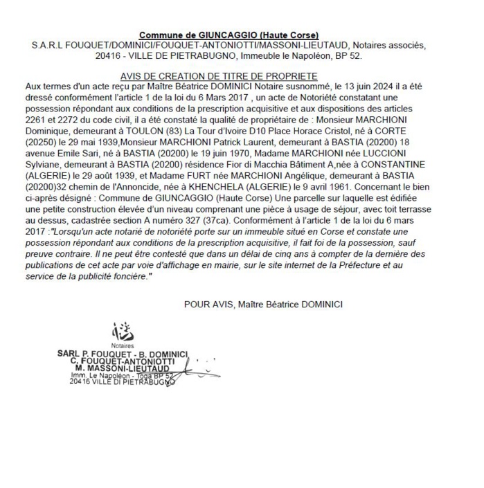 Avis de création de titre de propriété - Commune de Ghjuncaghju (Cismonte)